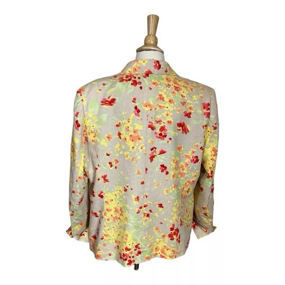 Kasper Linen Blend Blazer Jacket 16 Floral Yellow Red Open Front Lined Vintage - Picture 2 of 8